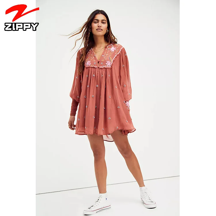 Zippy Manufactures  Boheme Chiffon Elegant Embroidery Women Clothing Vacation Loose Mini Dress