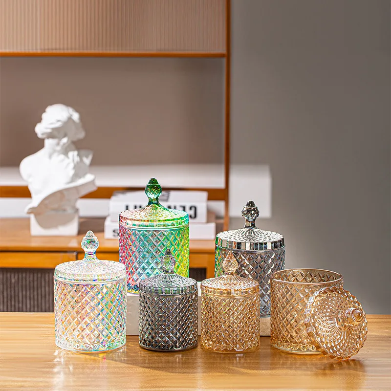 French Embossed Vintage Luxury Crystal Glass Candy Jar Custom Colored Candle Jar