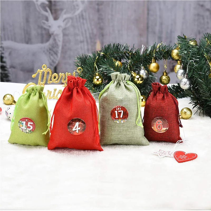 Индивидуальный логотип 10*14 см гессенская льняная Мешковина Джутовая сумка на шнурке для рождественского обратного отсчета подарок подарка