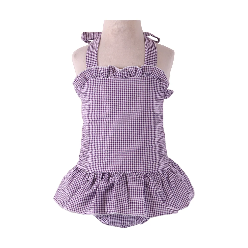 No Moq RTS  Baby Girl  Summer Swimsuit  Cotton Seersucker Ruffle Kids Girl Bikini Swim Bathing Suit