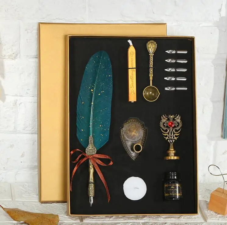 Feather Calligraphy Pen Set Includes 5 Nibs Sealing Stamp, Wax Seal Strips, Wood Handle Spoon Etc