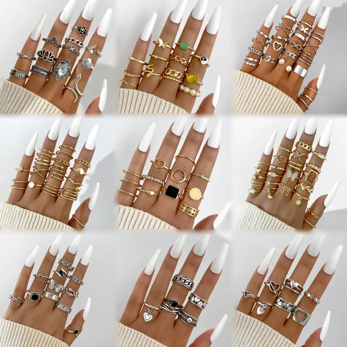 17KM Metal Gold Color Butterfly Ring Set Trendy Pink Crystal Stone Ring Women Fashion Bohemian Heart Animal Snake Rings Jewelry