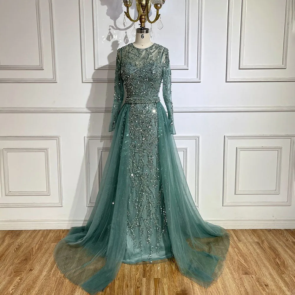 Turquoise Long Sleeve Mermaid Evening Dresses Over Skirt Serene Hill LA72601 Beaded Party Gowns for Women