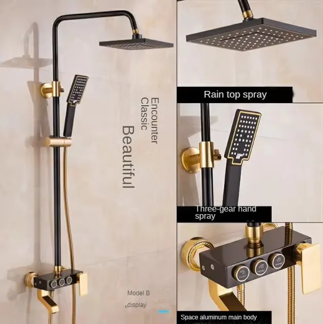 Samiyah Modern Wall Exposed Bathroom Rainfall Shower Set Black gold brass 3/4 way shower head Brass Bath Shower Mixer Faucet