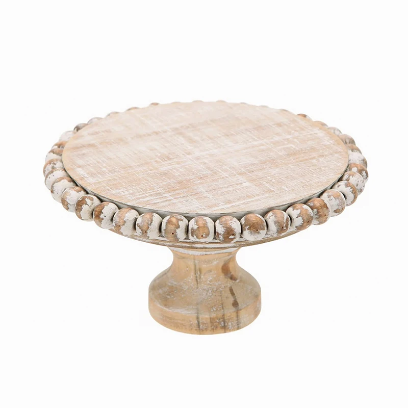 White round wooden farmhouse tiered tray wooden cake display rack Rustic Beaded Pedestal Tray