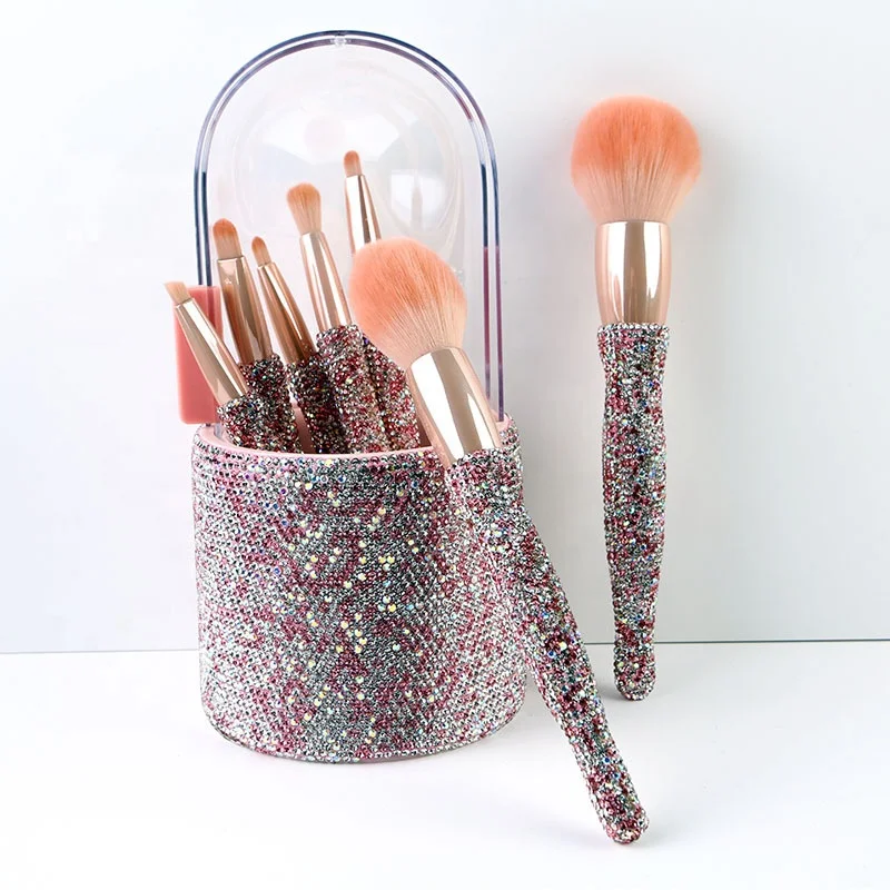 8 pcs Wholesale rhinestone Diamond Makeup Brush Set private label Eyeshadow Brush Beauty Makeup Storage Bucket for women