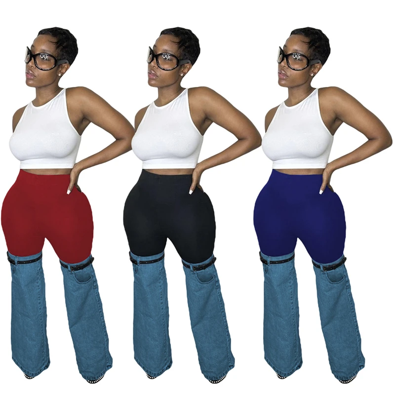 2023 new fashion elegant women dark blue patchwork zipper knee skinny stacked denim jeans woven flare wide leg pants for women