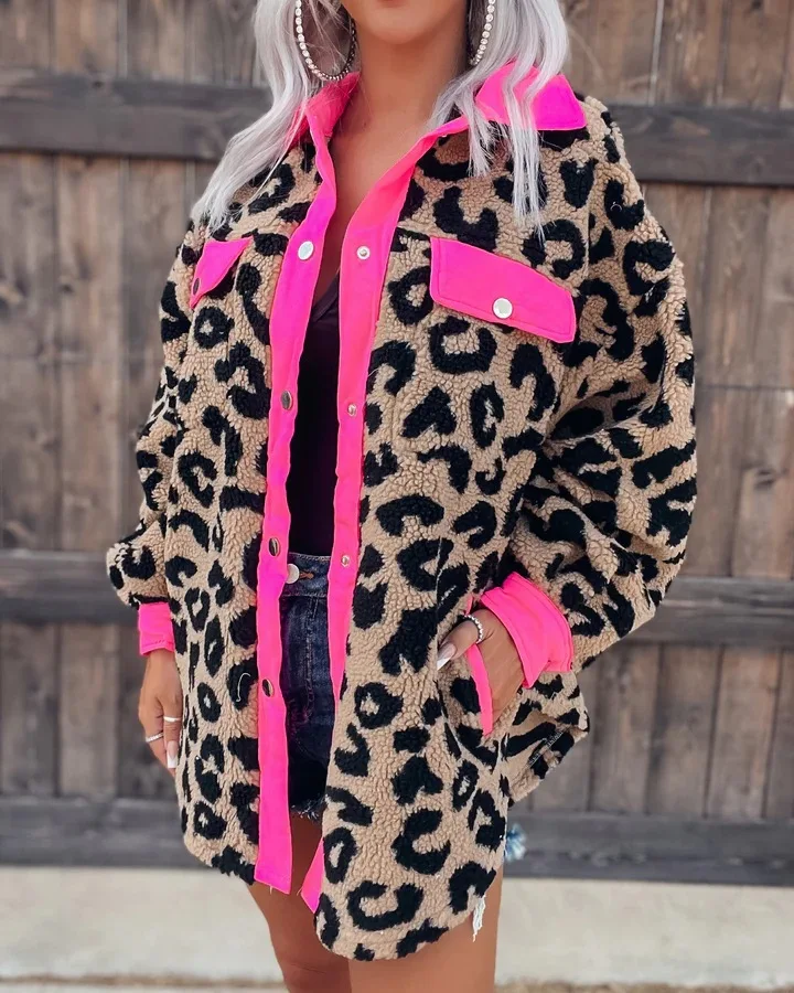 YP High Quality Winter Coat Neon Pink Contrast Trimmed Leopard Teddy Shackets Fleece Sherpa Jacket Women