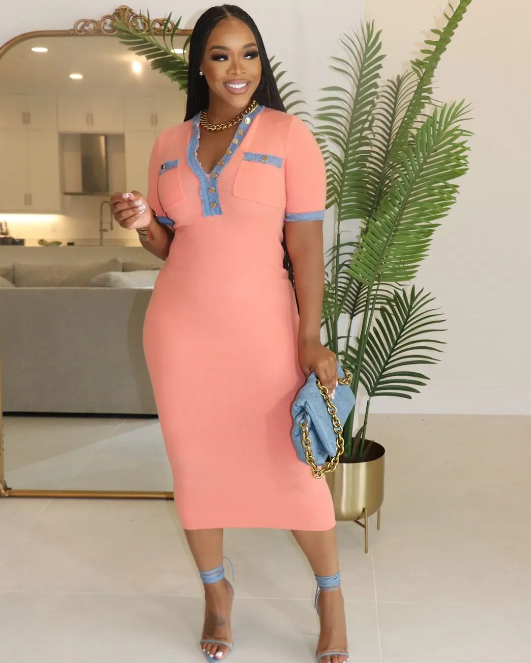 sell and buy products Fashion Washed Denim Patchwork Pocket Solid Color ribbed Short sleeve knitted Slim dress