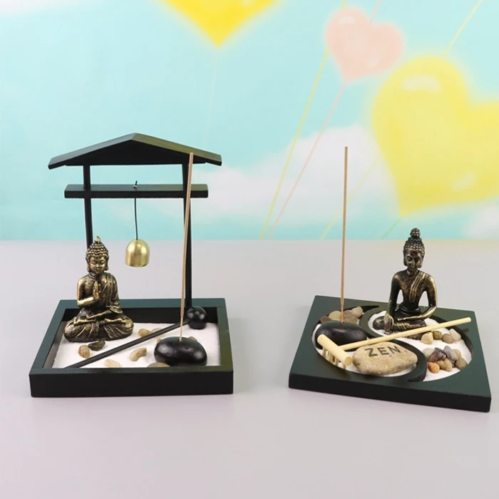 Zen Garden с Буддой граблями песочным и скальным садом держателем для благовоний