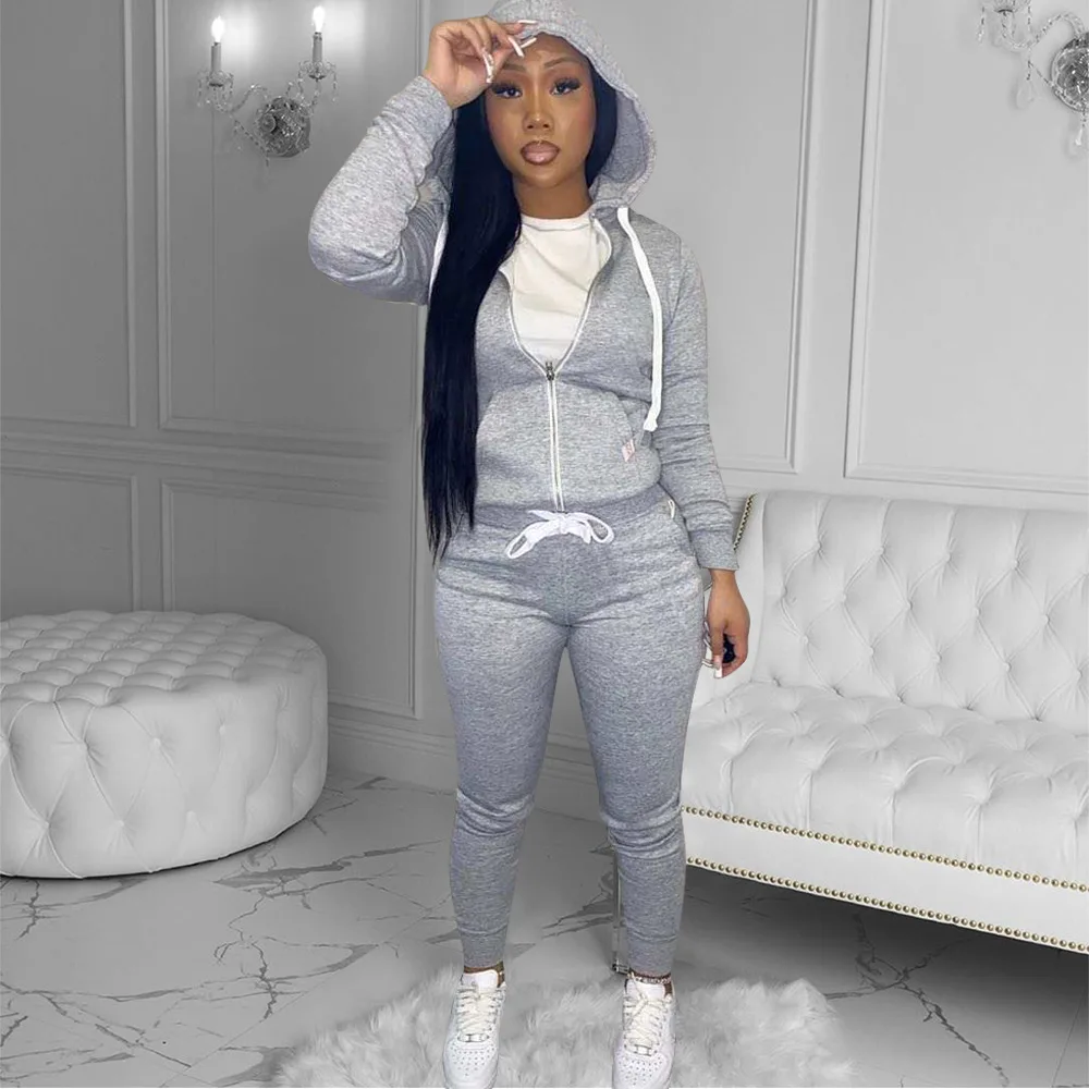 womens winter clothing 2021 zipper hoodie set cotton thick fleece Sweatsuit woman tracksuit two piece jogger Set