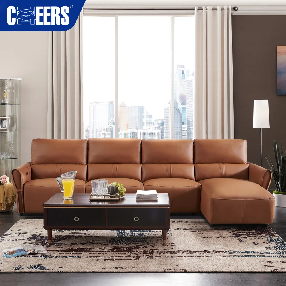 MANWAH CHEERS Minimalist Brown Genuine Leather Power Recliner Sleeper L Shape Sofa With Chaise Lounge