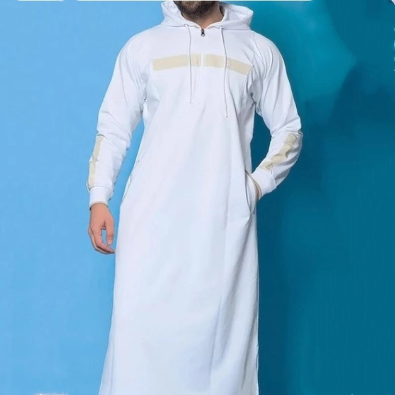 Long Hoodie Men Patchwork Islamic Muslim Men Autumn Pocket Pullover Arab Robe