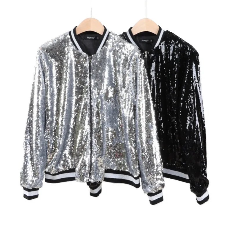 WINGTU OEM Casual Sequin Jacket Long Sleeve Sparkly Bomber Baseball Jacket For Women