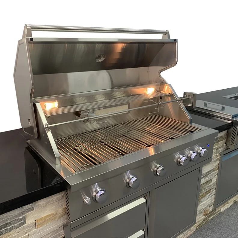 Outdoor Kitchen built in BBQ grill 3 4 5 Burner Stainless Steel Gas Grill with temperature sensor and Rotisserie