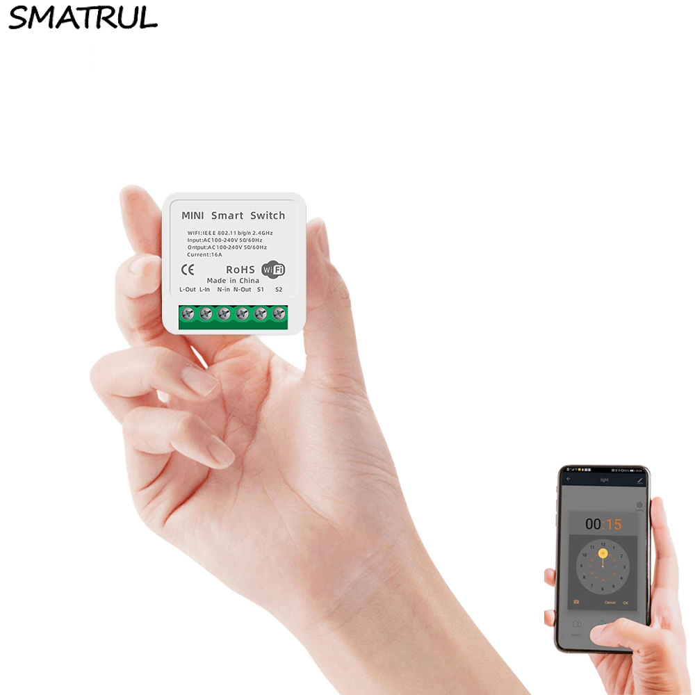 SMATRUL 16A Мини Diy Tuya Wi-Fi приложение Smart Life кнопочный переключатель света поддерживает связь с 2-мя способ контроля холодильного агрегата приложение голосовой реле Google Home Alexa