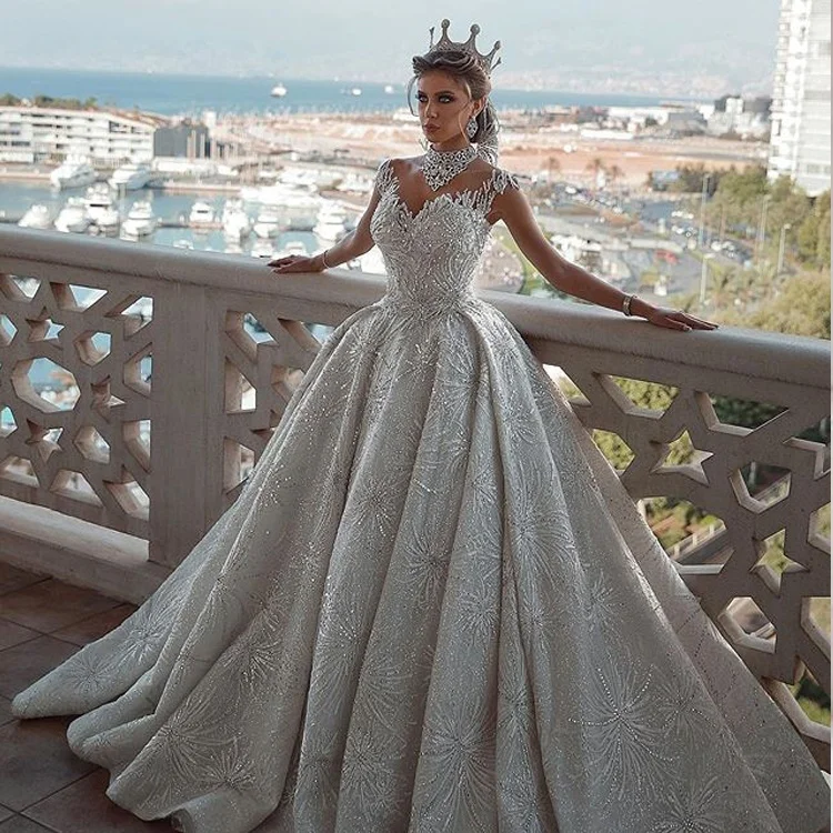 Beading V-Neck Luxury Crystal Wedding Dresses Turkey Istanbul China Manufacturer Long Tail Ball Gowns Wedding Dress For Women