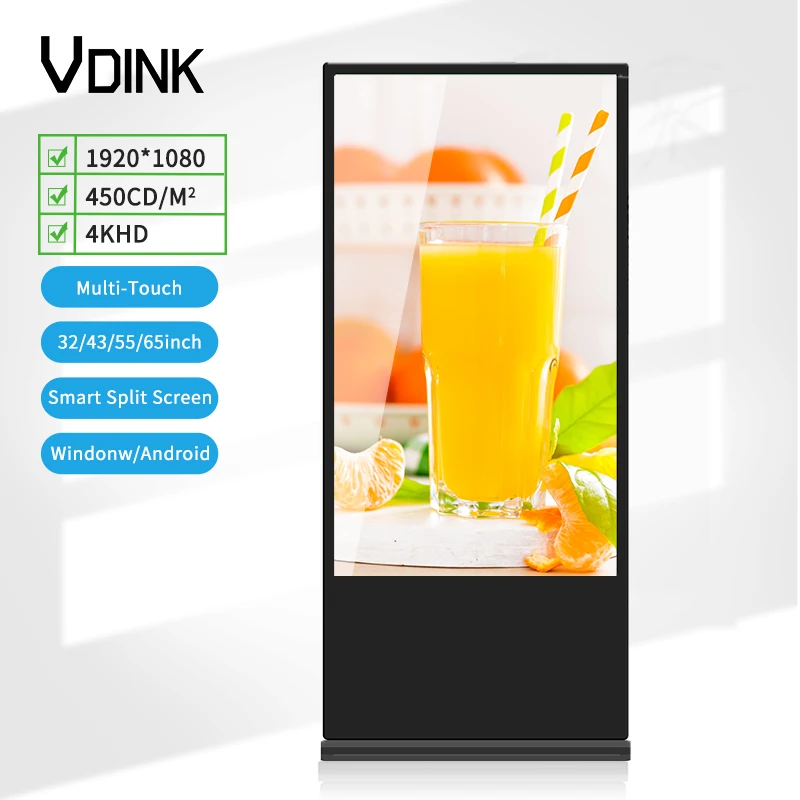 VDINK 32 43 55 65 Inch Kiosk Vertical Advertising Display Interactive Panel Digital Signage Totem Floor Standing Touch Screen