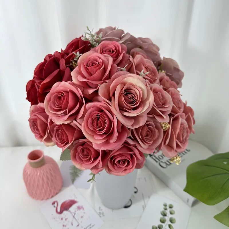 IFG Wholesale Handicrafts Pure Color System Artificial 9 Head Rose Bulk for Wedding