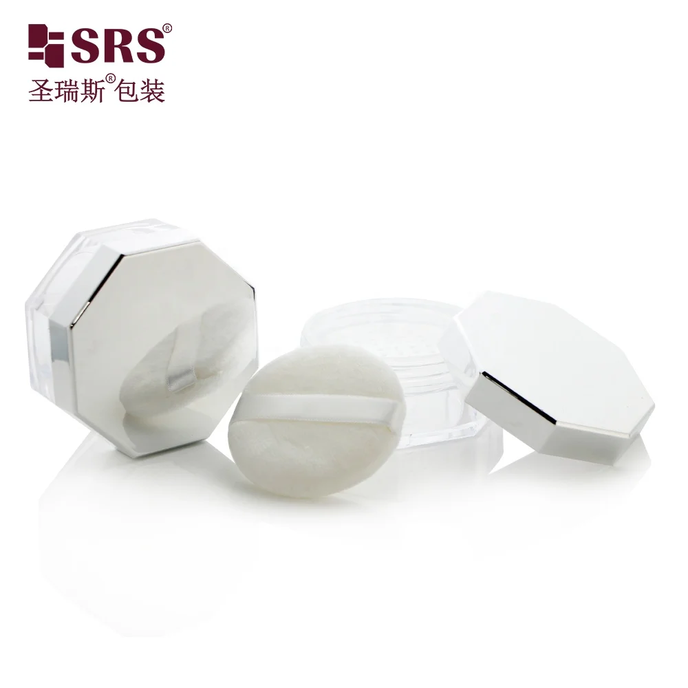 S029E-20g Wide Mouth Empty Plastic Loose Powder Jars with Puff For Make Up Setting Powder Octagon Shaped with Puff Silver Cap