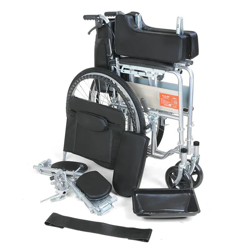 Lying Flat Wheelchair with Imitation leather Thickened Steel Pipe Foldable and Portable With Toilet Wheelchair for Commuting
