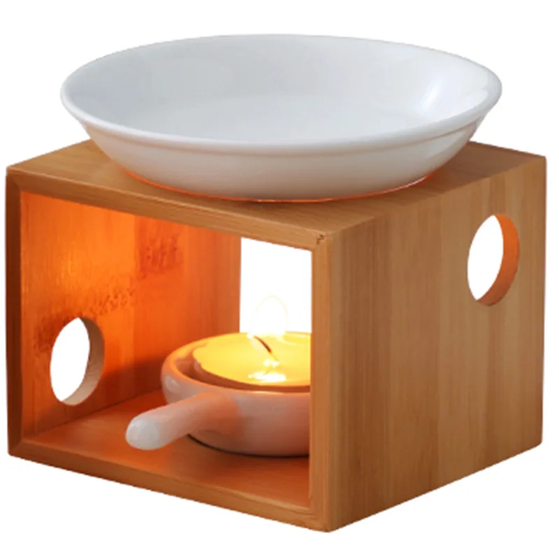 Bamboo double round aromatherapy lamp stove machine Ceramic household essential oil candle lamp wood frame stove