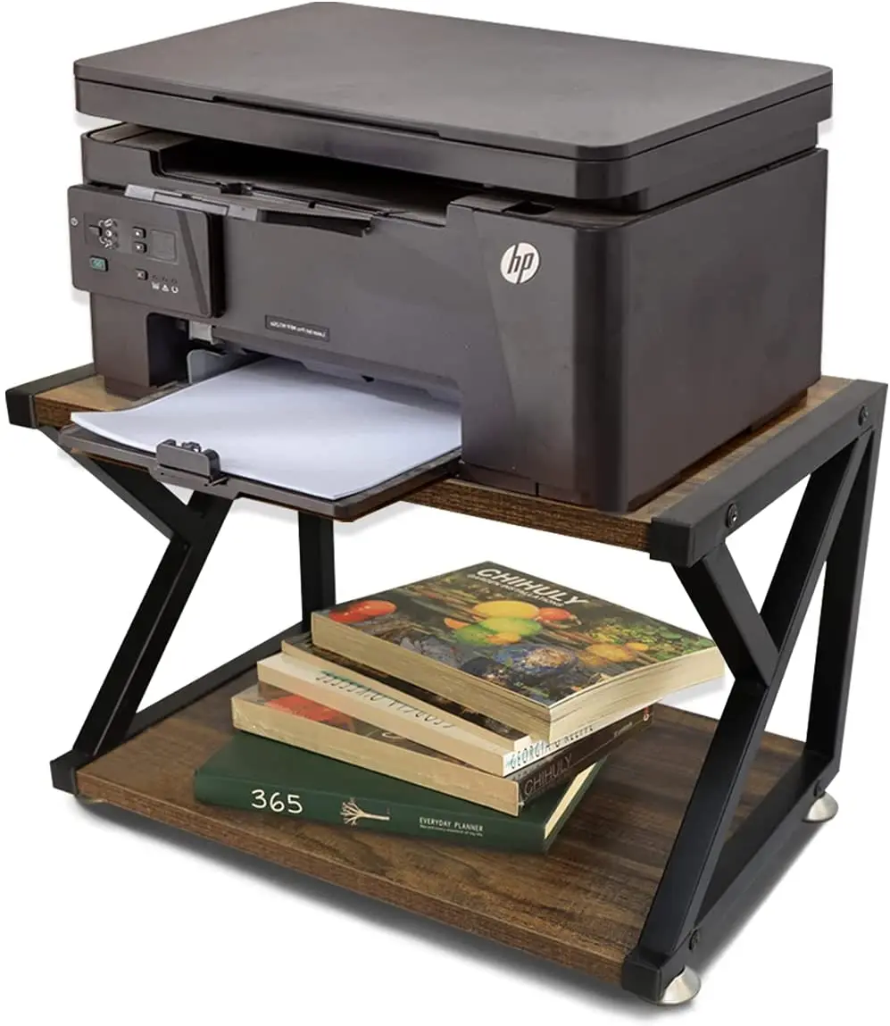 Wood Printer Stand Multipurpose Storage Shelf for Home Office Printer Desk with 4 Cushion 2 Tier