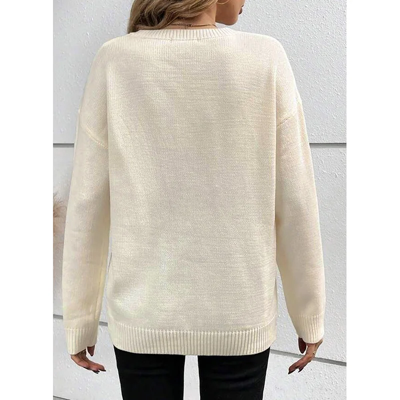 Dear-Lover New Fashion Wholesale Boo Pattern Ribbed Edge Drop Shoulder Knitted Crewneck Sweater