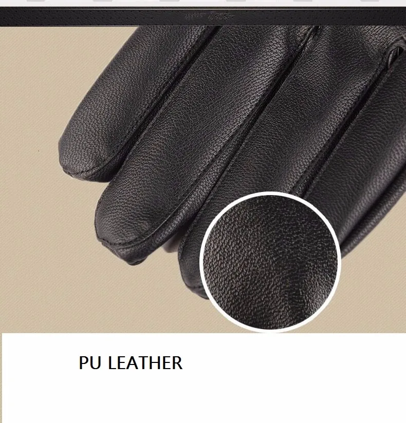 basic men winter waterproof touch screen pu leather mittens with plush lining