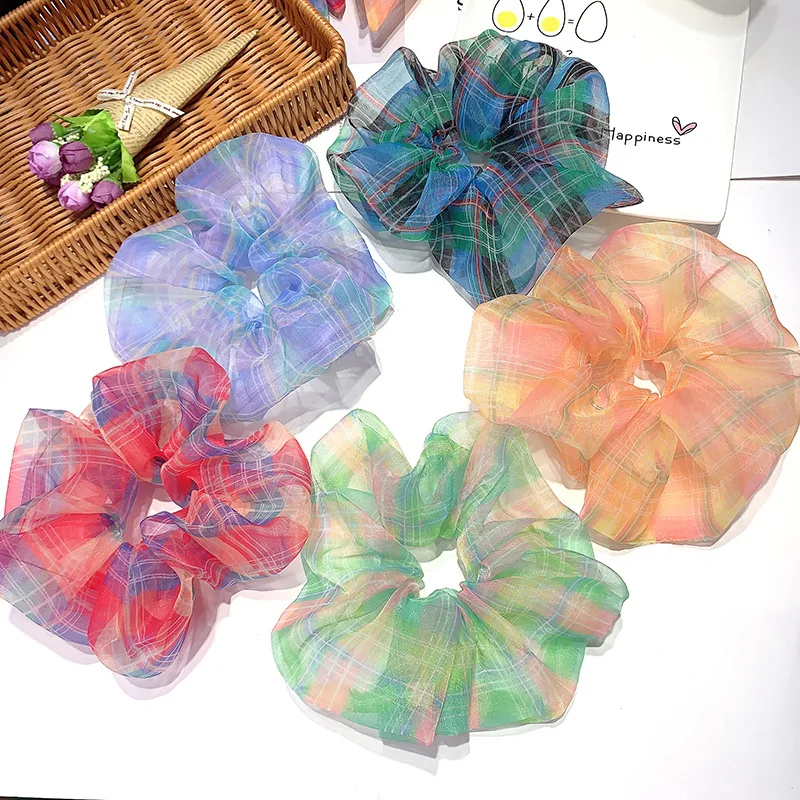 Yuca Women Fabric Giant Lattice Elastic Hair Bands Accessories Large Hair Ties Fashion Stripe Oversized Mesh Scrunchies For Hair