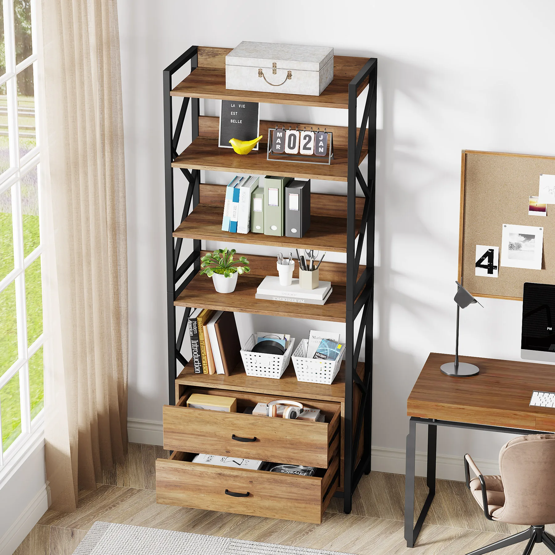 Tribesigns  Industrial 5-Tier Bookcase with 2 Drawers  book storage organizer display shelf rack