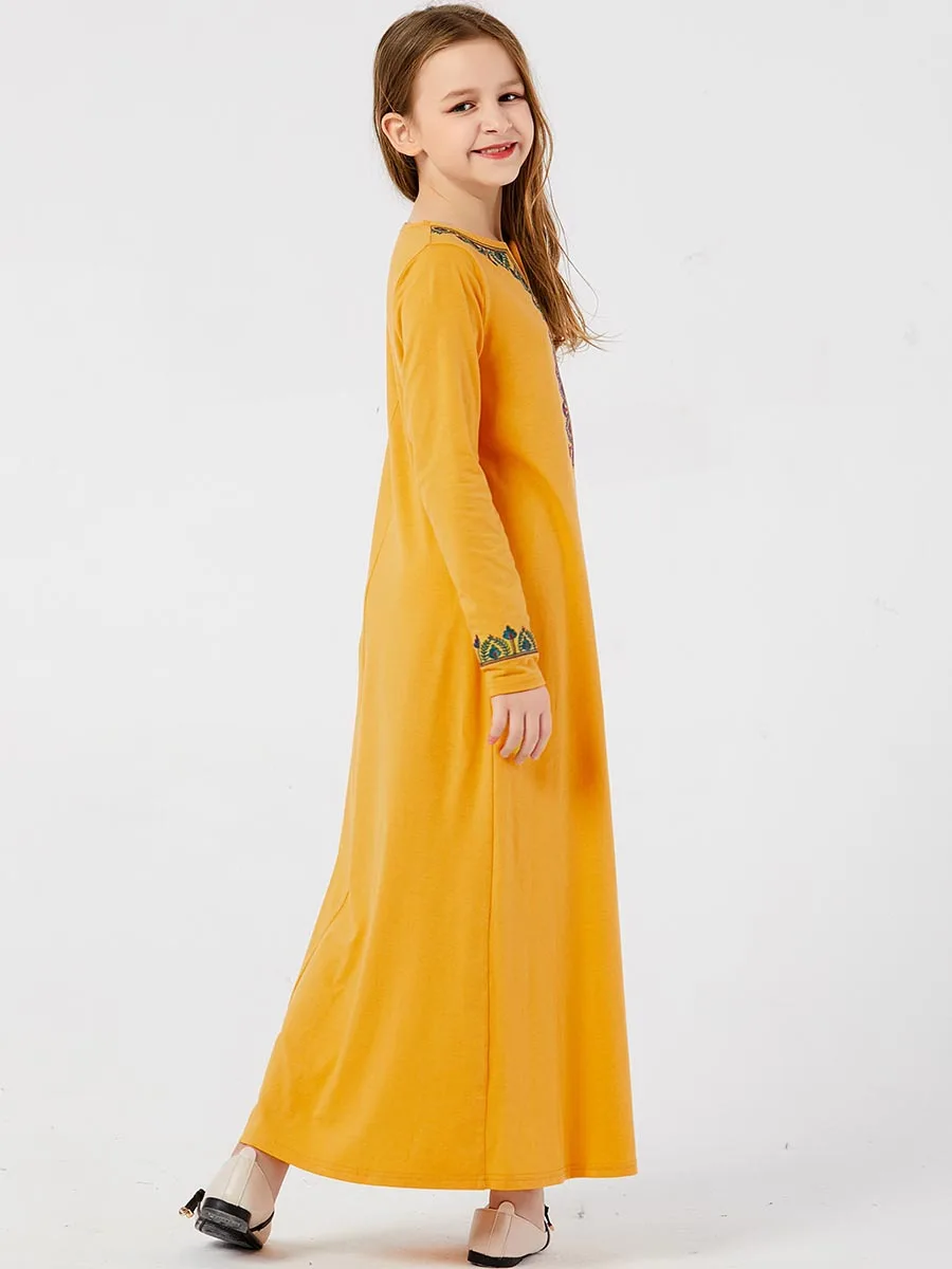 Dubai A-line Kaftan Yellow Girls Dress Spring Kids Moroccan Abaya Children Muslim Dresses