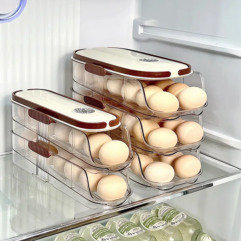 OWNSWING Egg Holder For Fridge Automatic Scrolling Egg Dispenser For Refrigerator Clear Egg Holder For Kitchen Storage With Lid