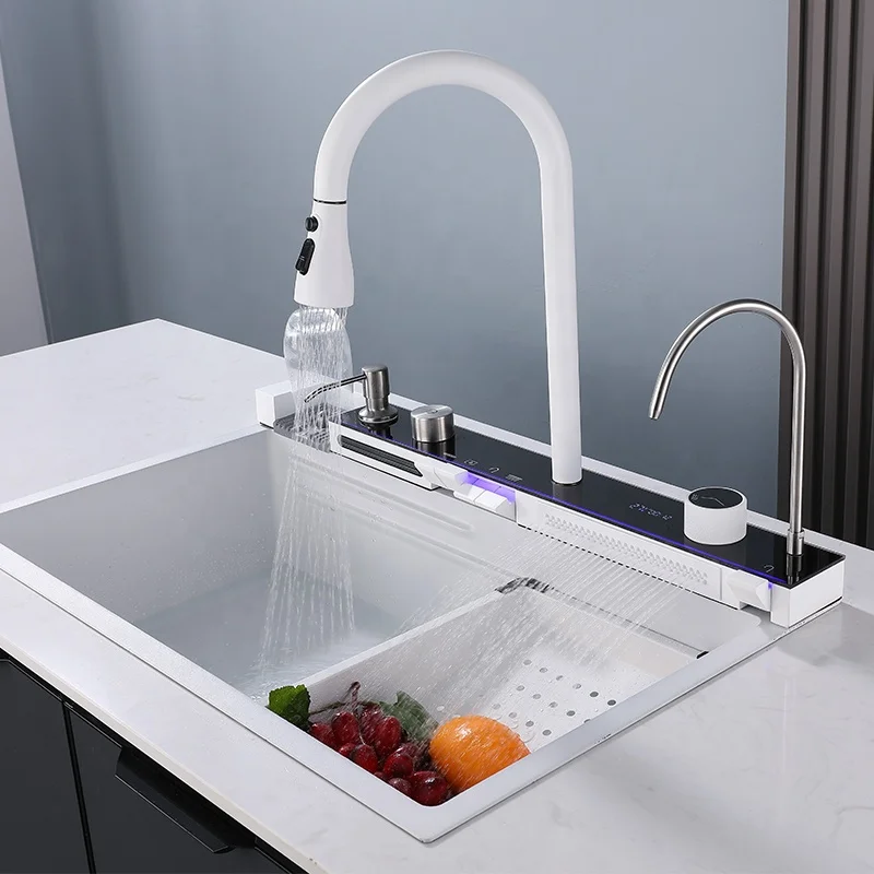 Factory Wholesale smart Kitchen Sink Stainless Steel handmade Temperature Display Piano Waterfall Kitchen Sink with cup washer