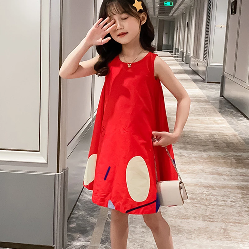 2022 Fashion Kids Circle Printed Sweet Loose Dress Children Girls Korean Summer Sleeveless Hot Sale A-line Casual Dress