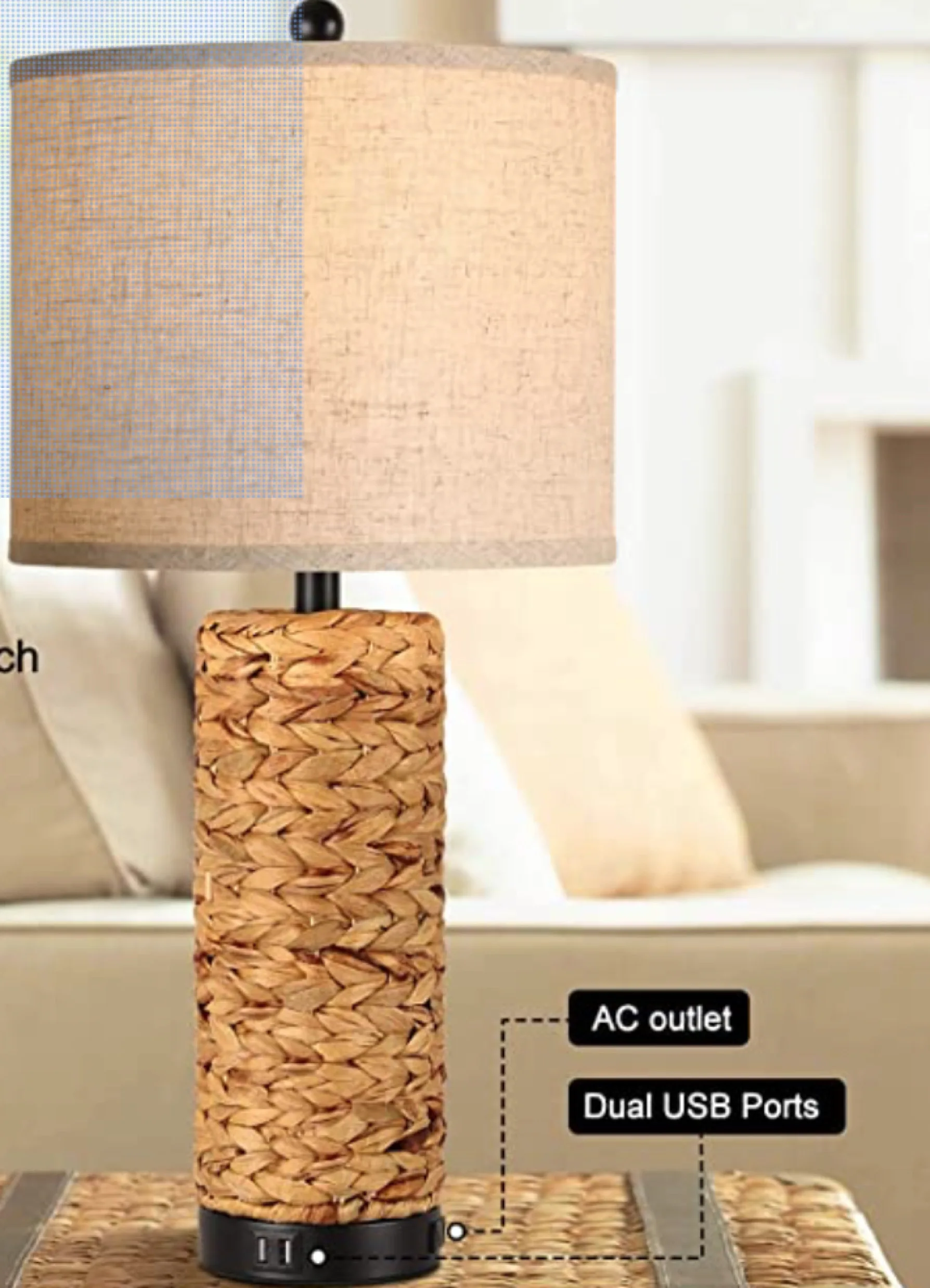 Natural Sea Grass Dual USB port Table Lamp for Bedroom Living Room, Office Coffee Table