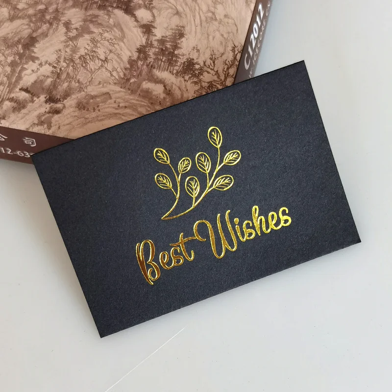 Custom Creative Black Small Business Mini Wedding Thank You Message Gift Box Decoration Hot Gold Flower Greeting Paper Card