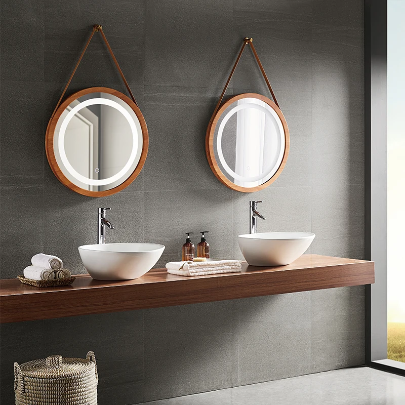 Custom-made Hotel Family bathroom Classic round flat solid wood frame Round leather belt hanging mirror