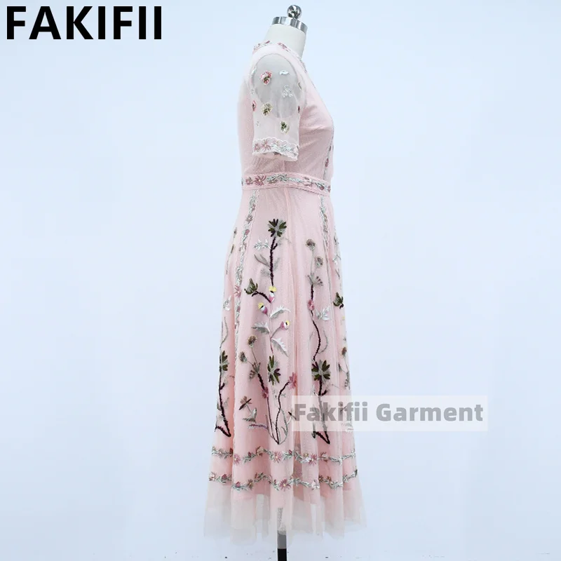 A Factory High Quality 2024 New Customized Dresses Women Elegant Summer Mesh Positional Embroidery Woman Dress Lady Party Dress