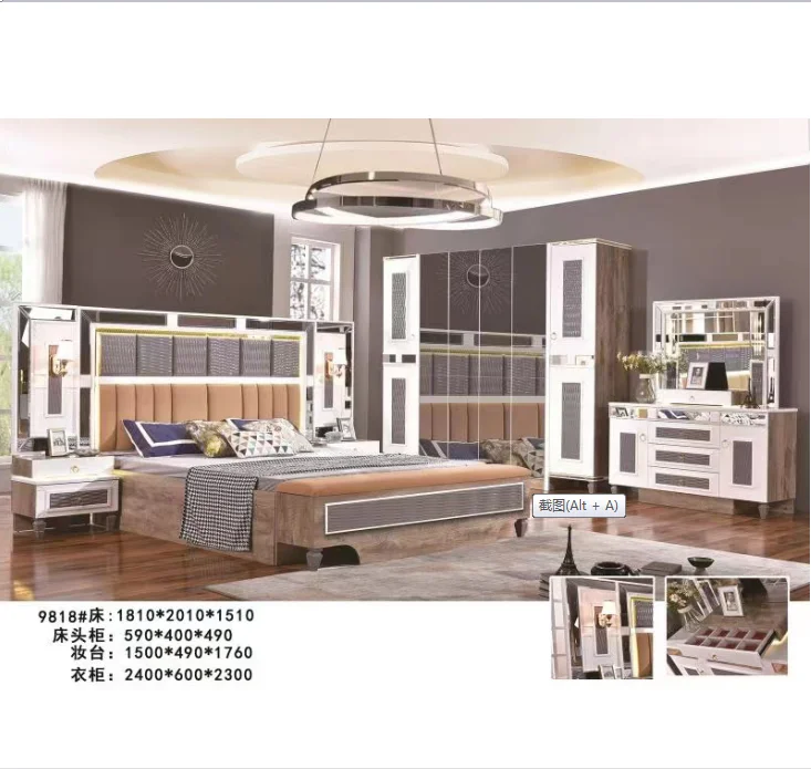 African glass mirrored elegant complete Bedroom Sets Luxury King Size LED lighted turkish bedroom furniture set 5pcs