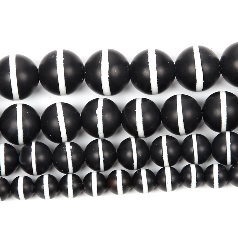 Matte Black Agate White Line Onyx Beads Round Loose Natural Stone Beads For Jewelry Making DIY Bracelets Handmade