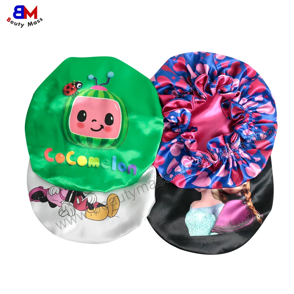 Best Selling Toddler Infant Satin Hair Bonnets Double Layered Reversible Kids Cartoon Character Satin Bonnet for Night Sleep Cap