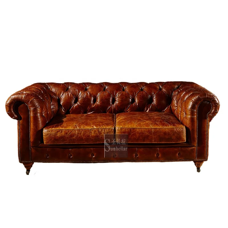 antique high quality genuine leather sofa luxury living room rustic tan leather chesterfield sofa set with tufted buttons