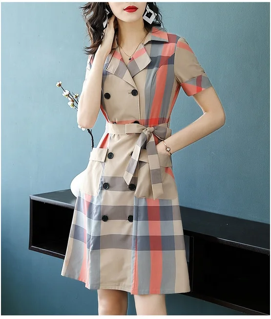 2023 designer famous brand luxury Dresses belt  Womens Elegant Summer Plaid Party brand lattice Cotton woman t shirt Dress
