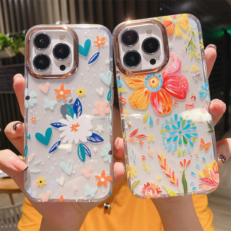 Hot sale plating transparent hard shell jaguar flower Mobile Phone Case for iPhone 7 8p 11 12 13 14 pro max cover