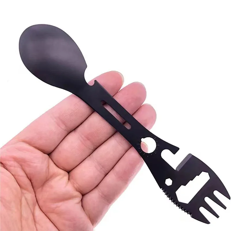 10 in 1 Camping Stainless Steel Multi-Function Spoon Fork Knife Can Opener Wrench Outdoor Hiking Utility Tactical Tableware