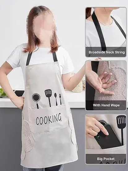 Kitchen Apron with Hand Wipe,Water-drop Resistant with 2 Pockets Cooking Bib Aprons for Women Men Chef