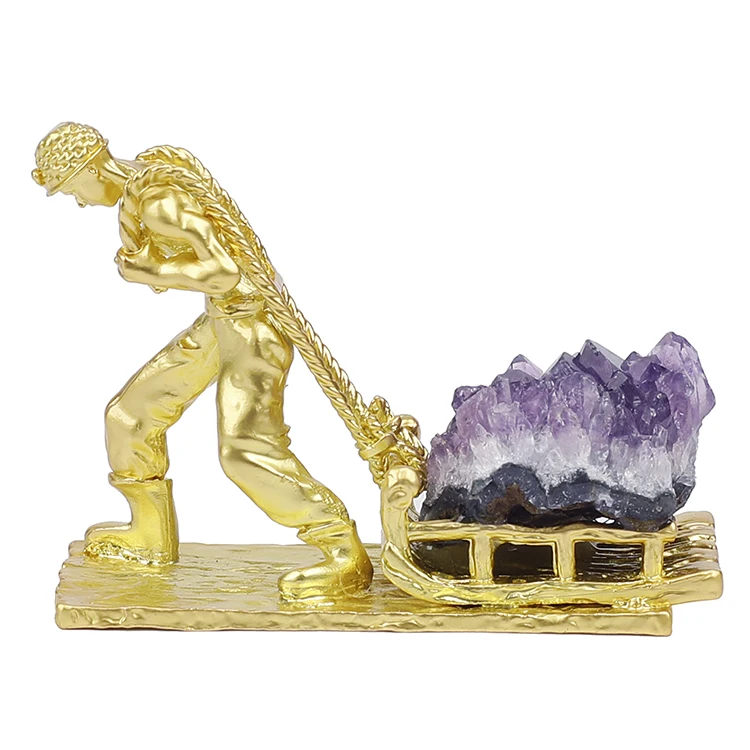 Gold Plated Agate and Amethyst Pulling Miner Sculptures for Farmhouse Minimalist Gadgets Home Decor Accessories Decoration