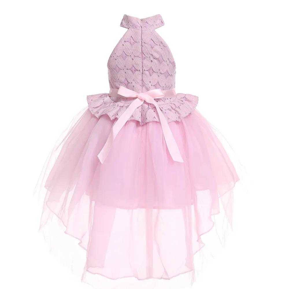 Hanging neck lace bow Embroidered princess pink petals 2019 flower fairy frock model children girl evening dress