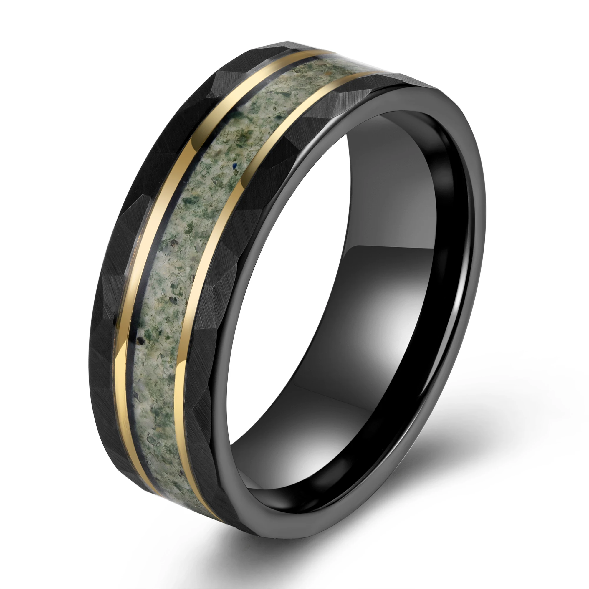 Newest Design fashion 8mm marine alga Inlay black hammered Tungsten Ring for men rings tungsten brand ring